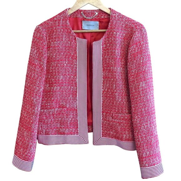 Marella by Max Mara Women's Red Tweed Jacket Striped Trim Size 10 Designer